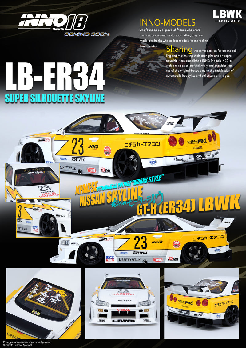 INNO Models 1:18 Nissan Skyline ER34 Super Silhouette Liberty Walk Hoshino Retro Livery