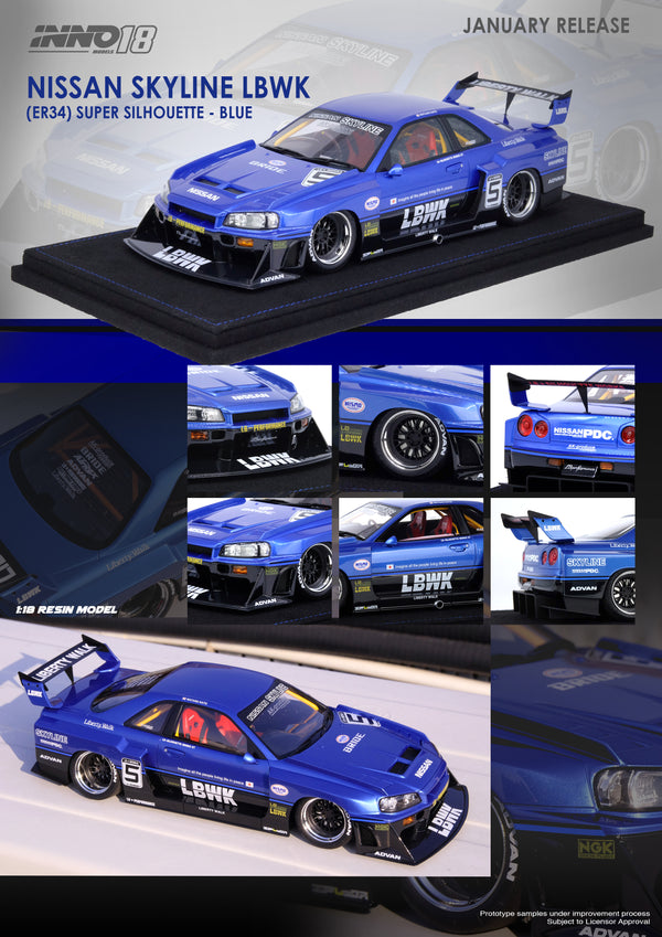 INNO18 1:18 Nissan Skyline (ER34) Super Silhouette "LBWK" in Blue Metallic