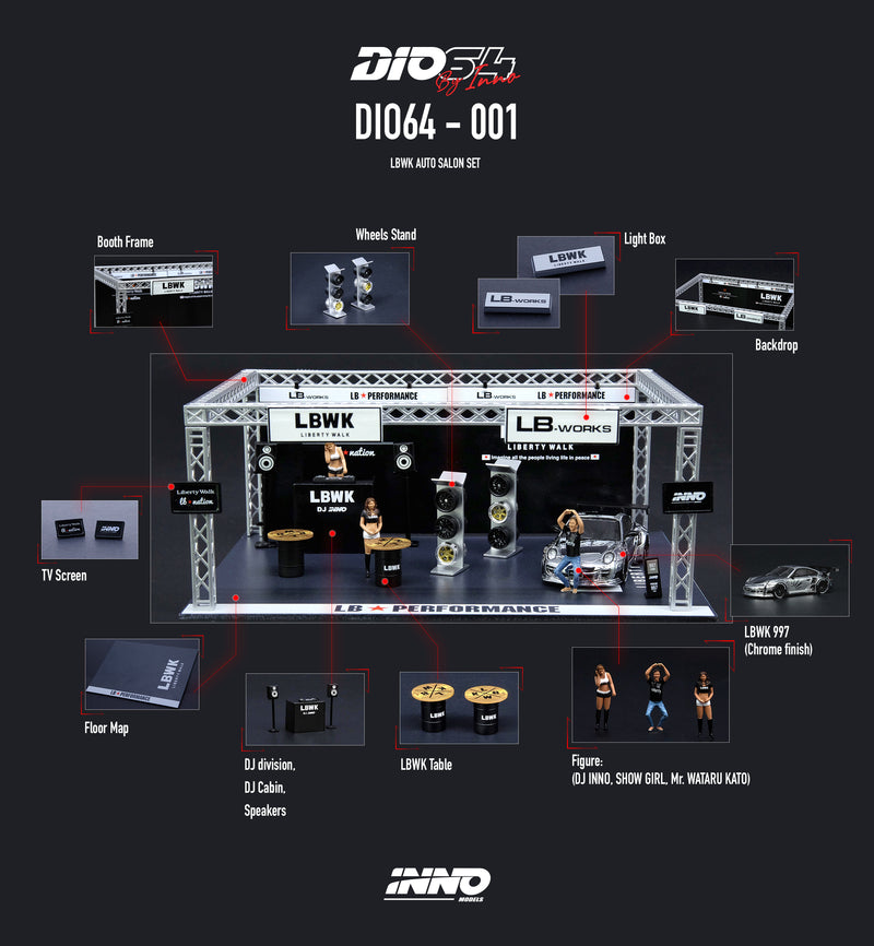 INNO Models 1:64 Liberty Walk Auto Salon Diorama Set with 1/64 Porsche 997 LBWK Chrome Finish and Figures