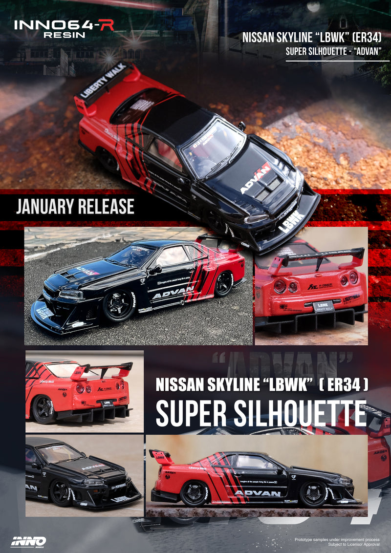 INNO64 1:64 Nissan Skyline (ER34) Super Silhouette "LBWK" with "ADVAN" Livery