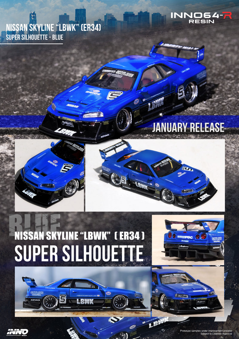 INNO64 1:64 Nissan Skyline (ER34) Super Silhouette "LBWK" in Blue Metallic