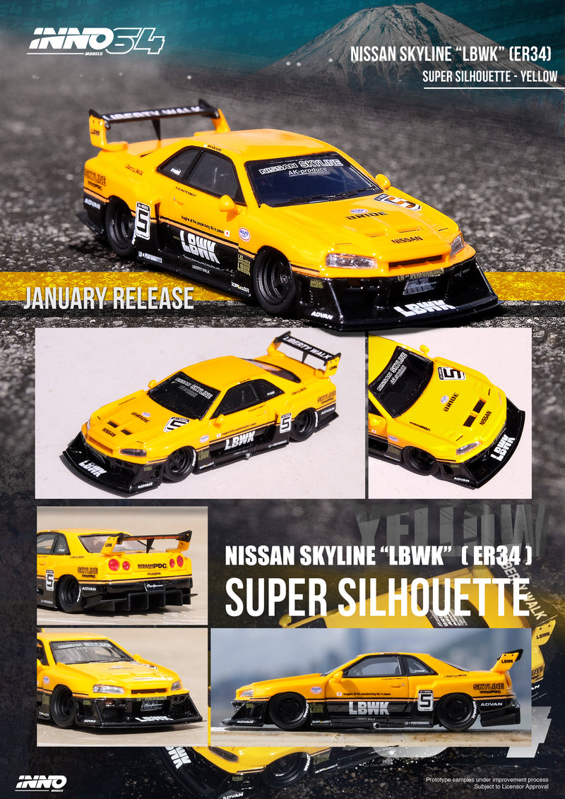 INNO64 1:64 Nissan Skyline (ER34) Super Silhouette "LBWK" in Yellow