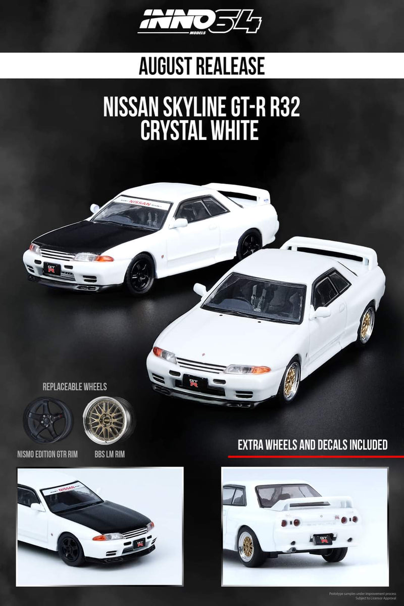 INNO Models 1:64 Nissan Skyline GTR R32 in White with Extra Set of Wheels and Water Slides