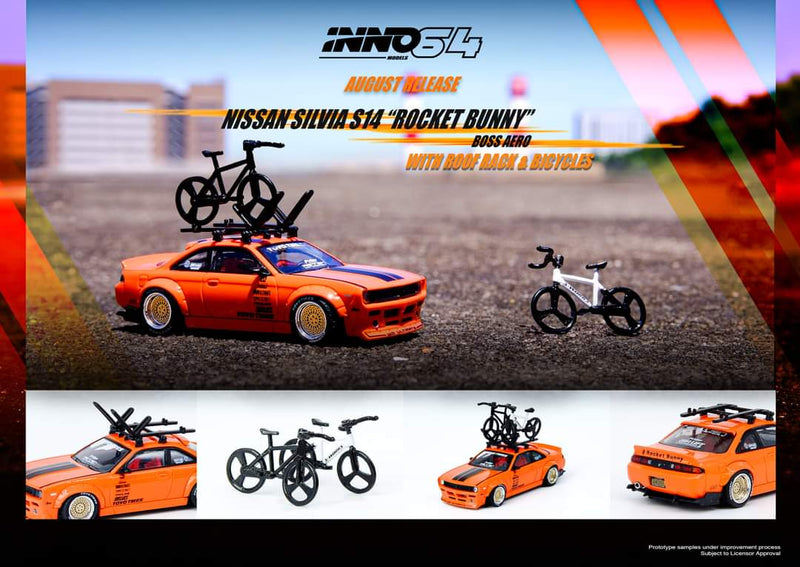 INNO Models 1:64 Nissan Silvia S14 Rocket Bunny Boss Aero with Rack and Bikes