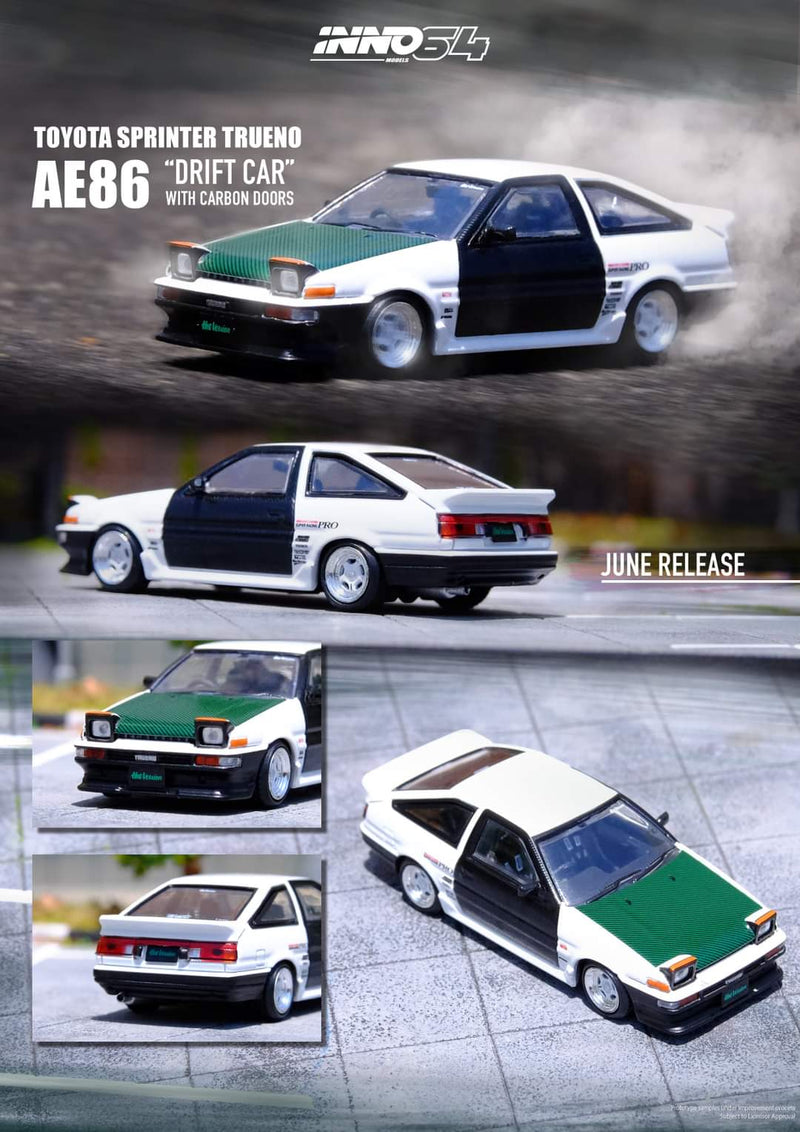 INNO64 1:64 Toyota Sprinter Trueno AE86 Drift Car with Carbon Doors