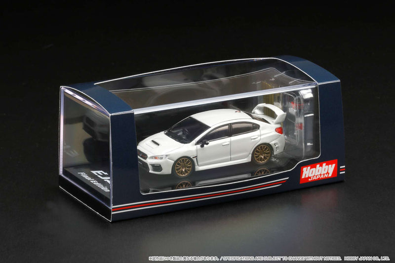 Hobby Japan 1:64 Subaru WRX STI EJ20 Final Edition With Engine Display Model in Crystal White Pearl