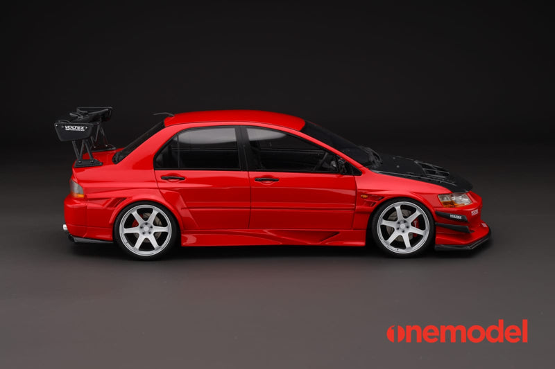 One Model 1:18 Mitsubishi Lancer Evolution IX Voltex with Carbon Bonnet in Red