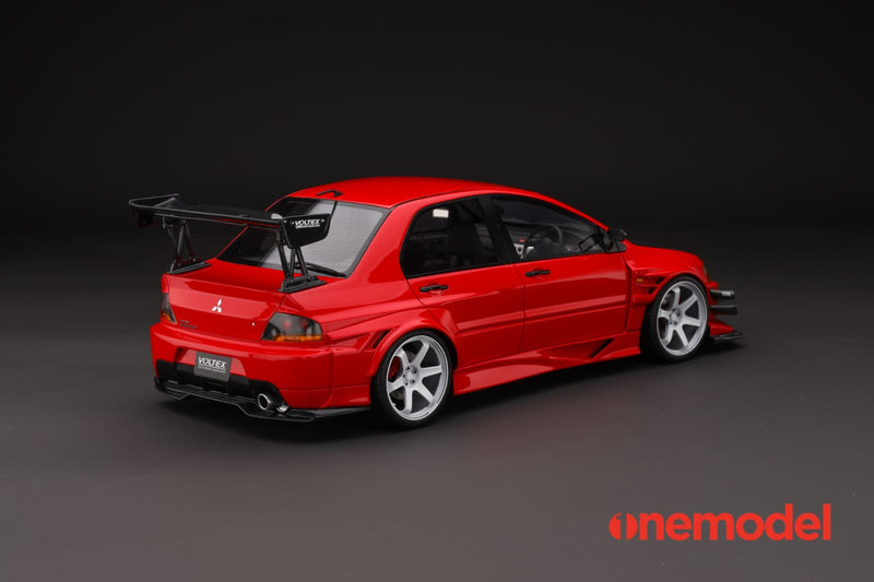 One Model 1:18 Mitsubishi Lancer Evolution IX Voltex with Carbon Bonnet in Red