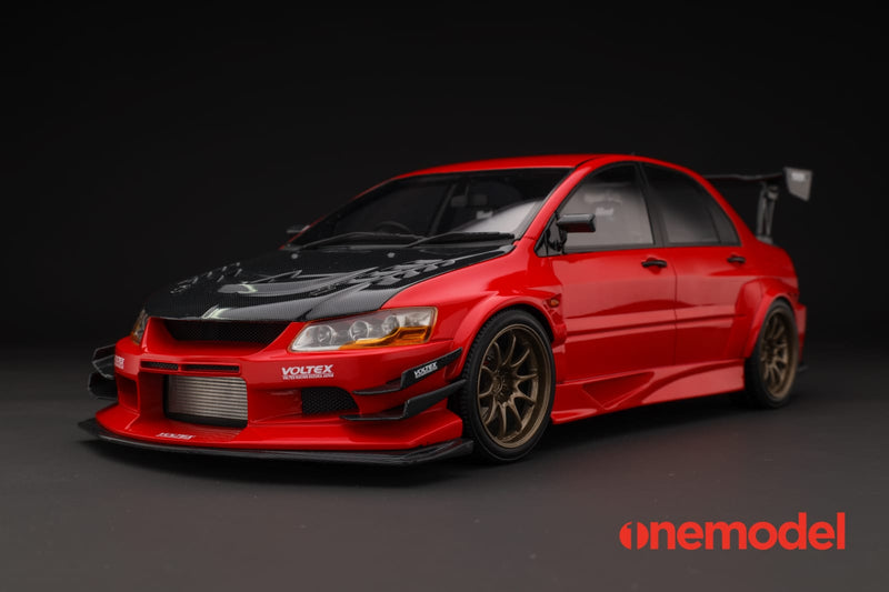 One Model 1:18 Mitsubishi Lancer Evolution IX Voltex with Carbon Bonnet in Red