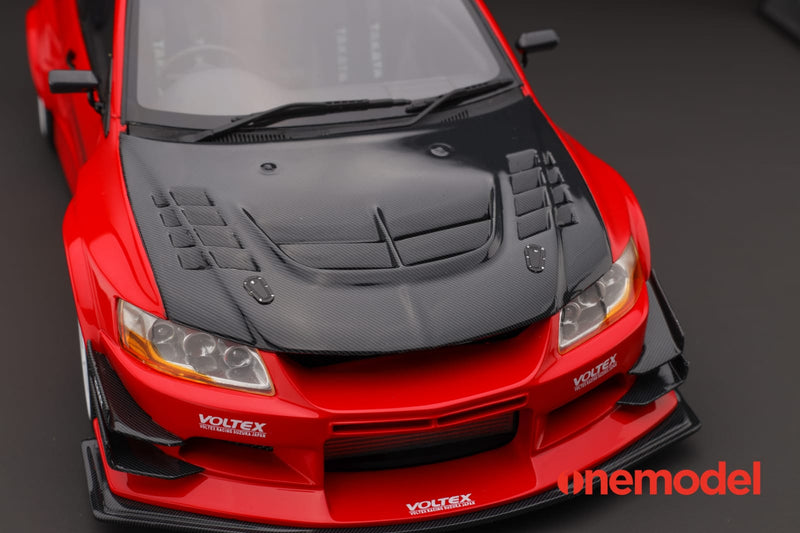 One Model 1:18 Mitsubishi Lancer Evolution IX Voltex with Carbon Bonnet in Red