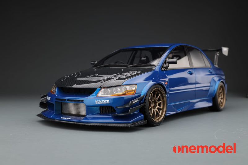 One Model 1:18 Mitsubishi Lancer Evolution IX Voltex with Carbon Bonnet in Blue