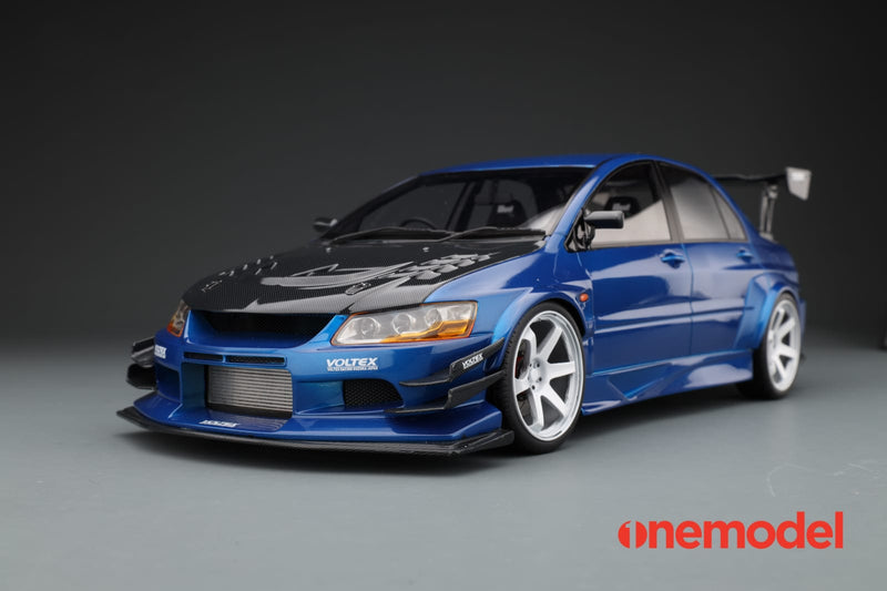 One Model 1:18 Mitsubishi Lancer Evolution IX Voltex with Carbon Bonnet in Blue