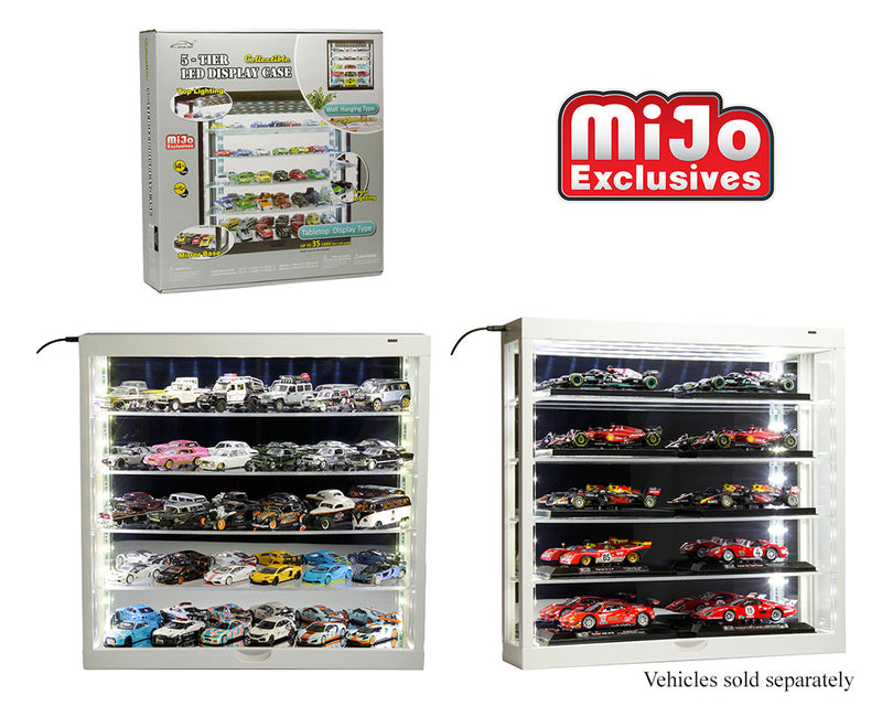 Showcase 5-Tier LED Wall Mountable Display Case – White Case with Mirror Rear Panel