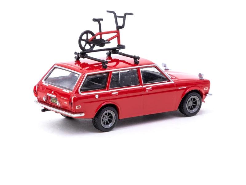 Tarmac Works 1:64 Nissan Datsun Bluebird 510 Wagon in Red with Bicycle and Roof Rack