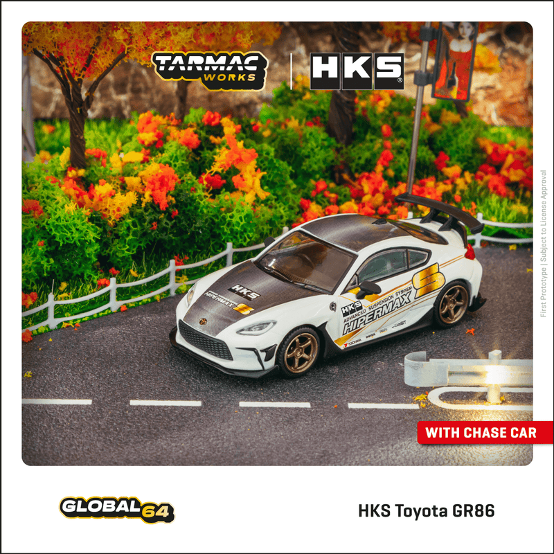 Tarmac Works 1:64 Toyota GR86 HKS Hipermax Edition in White and Black