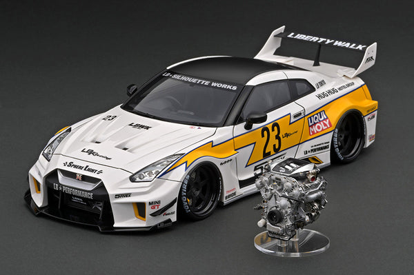 Ignition Model 1:18 Nissan 35GT-RR LB-Silhouette WORKS GT in White / Yellow with Engine